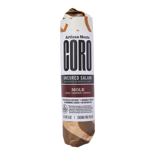 Coro Foods - Chipotle & Cocoa (Mole) Uncured Piccolo: 5-ounce salami log flavored with cocoa, cinnamon, chipotle; all-natural pork, no added nitrates, pre-peeled casing.