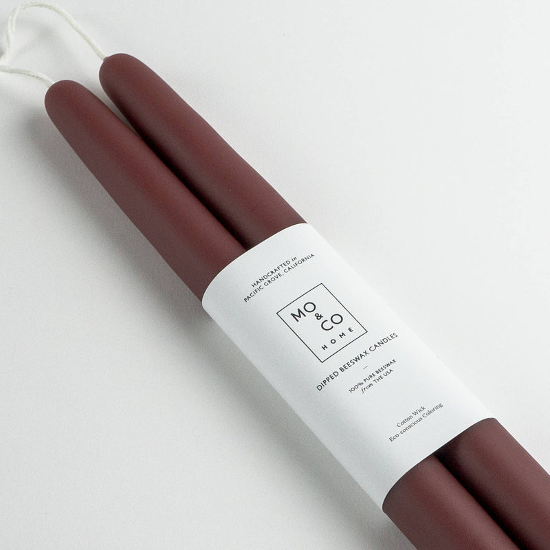 Mo&Co Home - Burgundy Dipped Beeswax Taper Candles, handcrafted, 14 inches, pure beeswax, cotton wicks, bound with a minimalist label, eco-friendly, elegant for dining and decor.