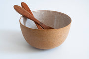 RachaelPots - Salad Serving Bowl: Nude/Sage with wooden utensils, hand-thrown in Brooklyn, ideal for serving 6-8, microwave and dishwasher safe, perfect for compact table settings.