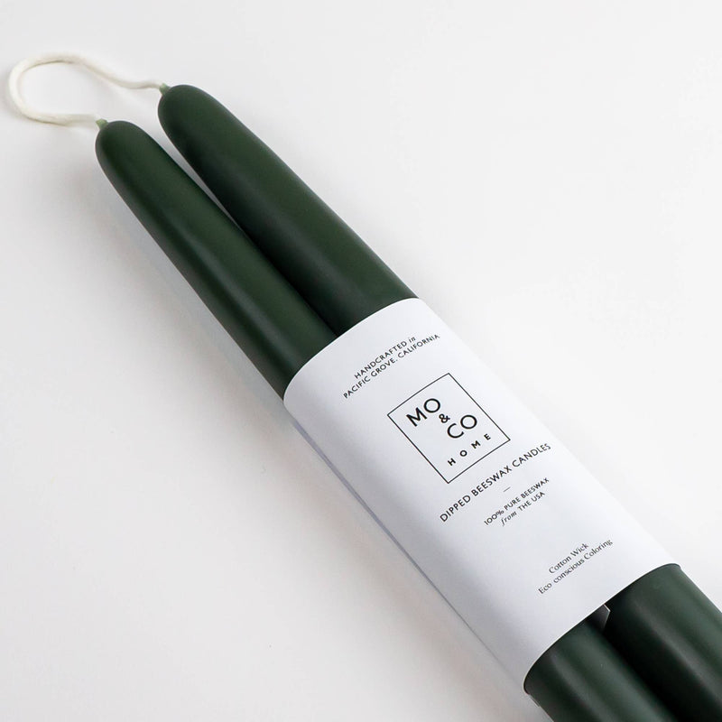Mo&Co Home - Forest Green | Dipped Beeswax Taper Candles | All Natural: 14 Inch, handcrafted with eco-conscious materials, bound by wicks, wrapped in branded paper band.