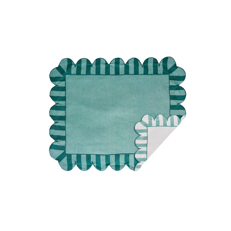 Misette | Jardin Embroidered Linen Scalloped Stripe Double-Sided Placemats in Green (Set of 4): Green / 1 Set