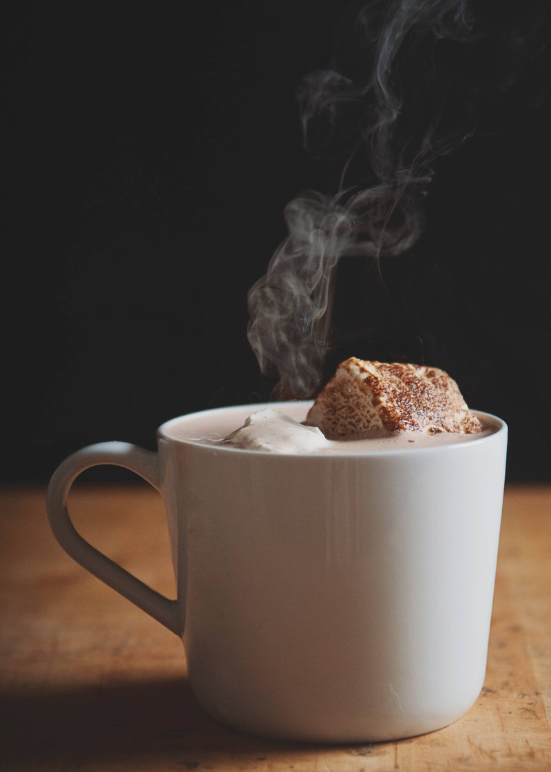 White mug with steaming hot chocolate, topped with whipped cream and a toasted Honey Vanilla Mallow from Malvi Mallow - Honey Vanilla 4-Pack Marshmallows, Case of 12 Packs.