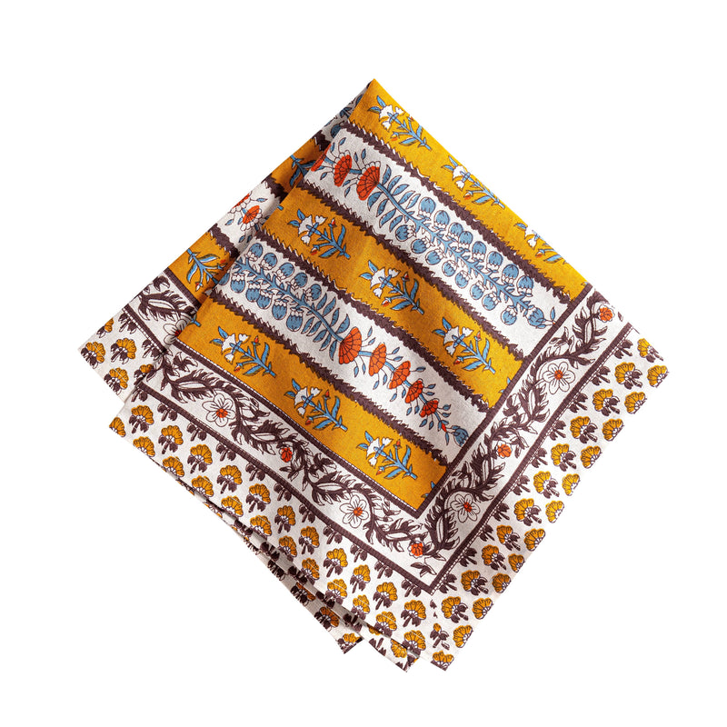 Couleur Nature - Avignon Napkins Dijon & Blue, Set of 6: Hand-printed napkins featuring mustard and off-white floral bands, exuding Provençal elegance, ideal for enriching dining experiences.