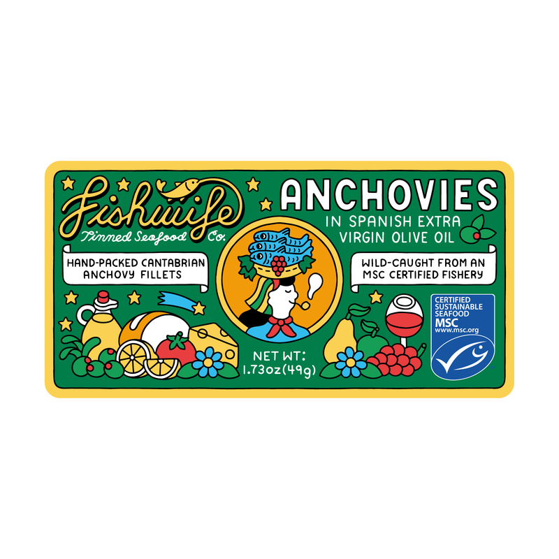 Fishwife - Cantabrian Anchovies in Extra Virgin Olive Oil packaging, featuring a woman with a basket of anchovies, surrounded by culinary illustrations and the MSC certified logo.