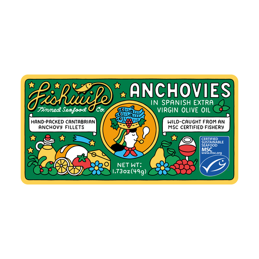 Fishwife - Cantabrian Anchovies in Extra Virgin Olive Oil packaging, featuring a woman with a basket of anchovies, surrounded by culinary illustrations and the MSC certified logo.