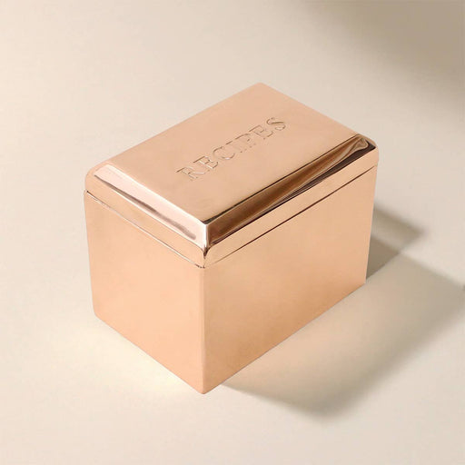 Galley and Fen - Copper Recipe Box with RECIPES engraving, perfect for storing 4x6 recipe cards, handcrafted for heirloom quality.