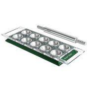 Marcato Ravioli Tablet Pasta Maker showing close-up details of the ravioli cutting and sealing tool, ideal for crafting homemade Italian ravioli.