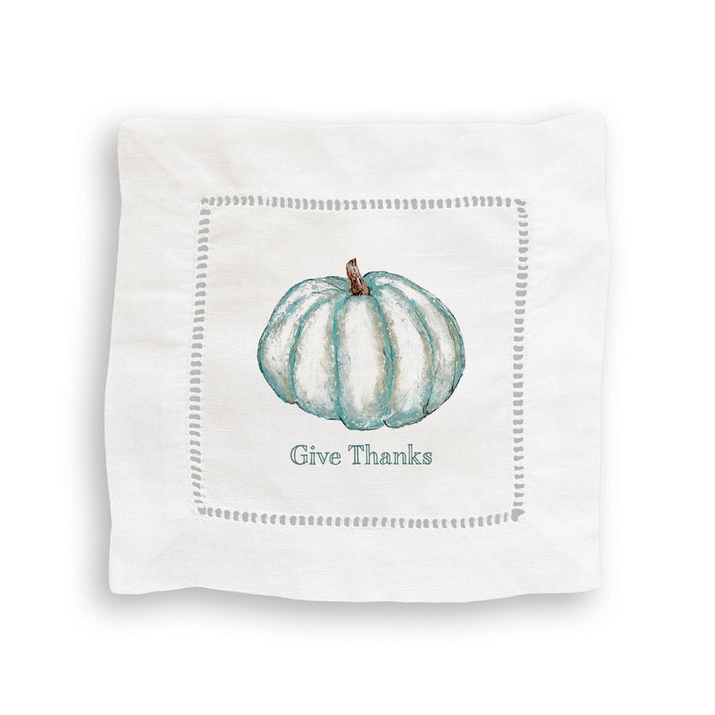 French Graffiti - Blue Pumpkin Natural Guest Towel features a watercolor-style teal pumpkin with Give Thanks text, bordered by a dotted-line rectangle. Perfect for kitchen decor.