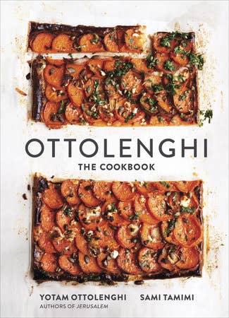 Cover of Ottolenghi: The Cookbook by Yotam Ottolenghi and Sami Tamimi, featuring roasted tomato tarts; recipes inspired by global culinary traditions.