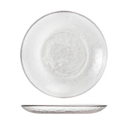 Fortessa | Los Cabos Clear 8 Salad Plate with a pebbled texture, shown from top and side views, highlighting its elegant, durable design for versatile dining.