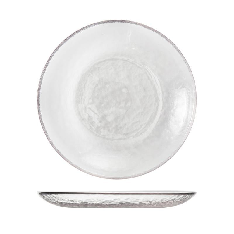 Fortessa | Los Cabos Clear 8 Salad Plate with a pebbled texture, shown from top and side views, highlighting its elegant, durable design for versatile dining.