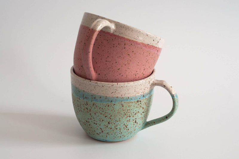 RachaelPots Jumbo Mug - Nude-Light Blue, 18 oz, hand-thrown with a thumb rest handle, ideal for coffee or soup, crafted in Brooklyn.