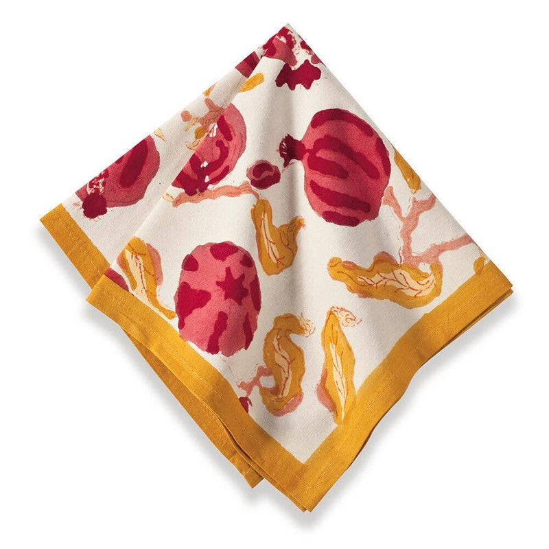 Couleur Nature - Pomegranate Yellow/Red Napkins: A set of 6 cloth napkins featuring red fruit and yellow gourd patterns, ideal for vibrant table settings.