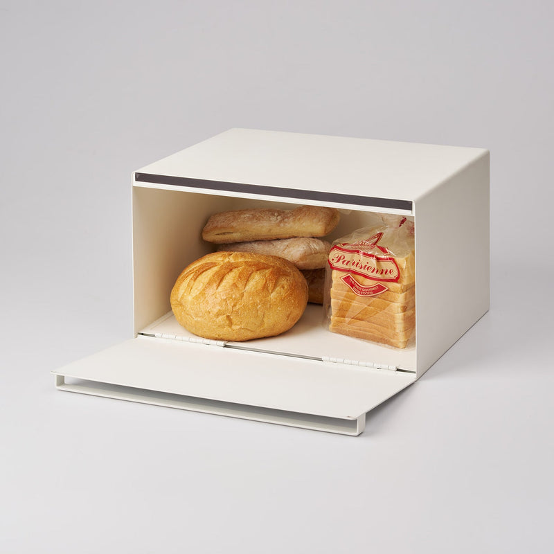Yamazaki Home | Tower Bread Box, Steel, Black, open with artisan boule, baguettes, and Parisienne sandwich loaf, showcasing stylish storage for fresh, organized kitchen essentials.