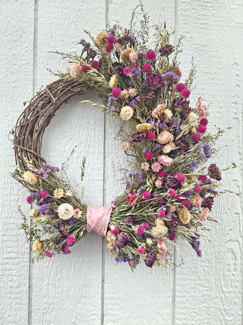 Alissas Flower Farm - Wreath: Pinks and Purples on Sweet Annie, featuring dried pink and purple flowers, perfect for indoor decoration or special events.