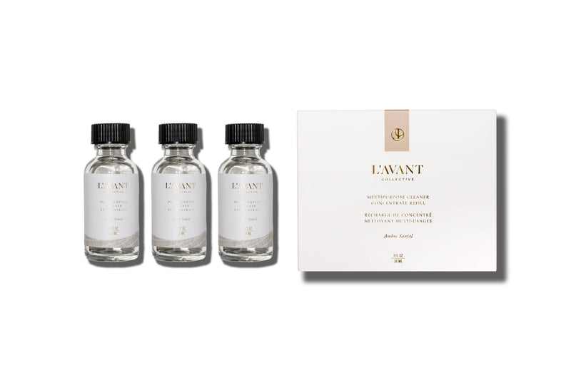 L'AVANT Collective - Multipurpose Concentrate Refill Pack of 3 Ambre Santal, featuring three eco-luxe glass bottles and refill packaging, ideal for sustainable kitchen cleaning.