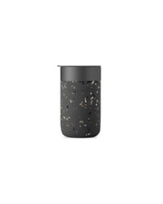W&P - Ceramic Reusable Coffee Mug 16oz: Charcoal, featuring a black silicone sleeve and lid, designed for durability and style. Perfect for eco-conscious coffee enthusiasts.