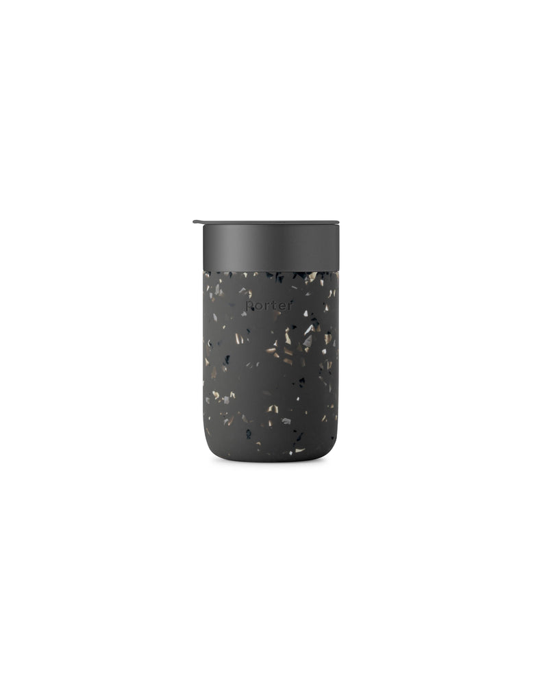 W&P - Ceramic Reusable Coffee Mug 16oz: Charcoal, featuring a black silicone sleeve and lid, designed for durability and style. Perfect for eco-conscious coffee enthusiasts.