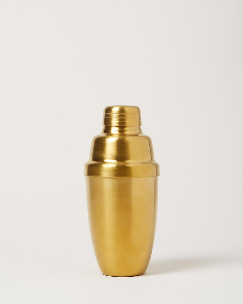 Farmhouse Pottery | Essex Barware, Cocktail Shaker - Brushed Gold: A sleek, brushed gold-tone stainless steel shaker in a classic three-piece design, perfect for cocktails.