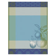 Le Jacquard Francais | Arriere-Pays Hand Towel features a blue-green halftone pattern with dark blue floral borders and vintage fruit sketches, embodying Provence-inspired elegance.
