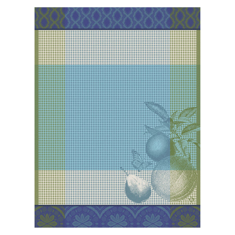 Le Jacquard Francais | Arriere-Pays Hand Towel features a blue-green halftone pattern with dark blue floral borders and vintage fruit sketches, embodying Provence-inspired elegance.