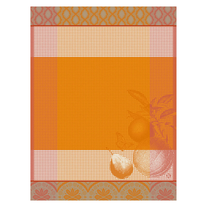 Le Jacquard Francais | Arriere-Pays Hand Towel features a citrus-themed print with orange and pear illustrations, crafted from high-quality cotton for a soft, durable kitchen accessory.
