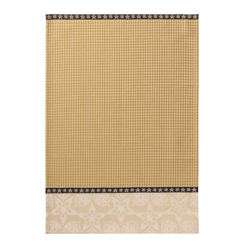 Le Jacquard Francais | Féerie Hand Towel, Yellow: Mustard houndstooth pattern with star motifs and stylized floral hem, perfect for festive kitchen decor.