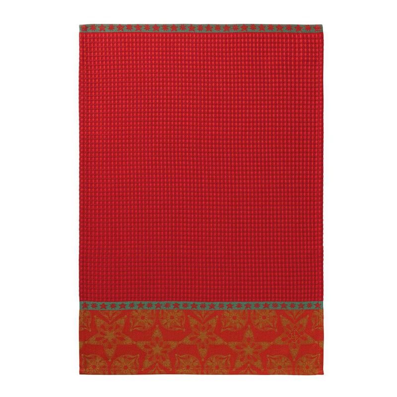 Le Jacquard Francais | Féerie Hand Towel, Red: Festive waffle-weave towel with a green starry border and gold poinsettia patterns, ideal for holiday kitchen decor.