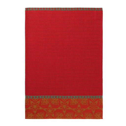 Le Jacquard Francais | Féerie Hand Towel, Red: Festive waffle-weave towel with a green starry border and gold poinsettia patterns, ideal for holiday kitchen decor.