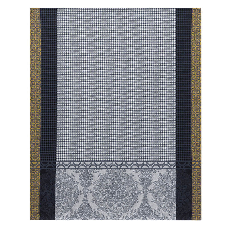 Le Jacquard Français | Festin Hand Towel featuring a micro-check center, damask floral panel, and ornate striped borders, crafted from 100% combed cotton for elegant dining.