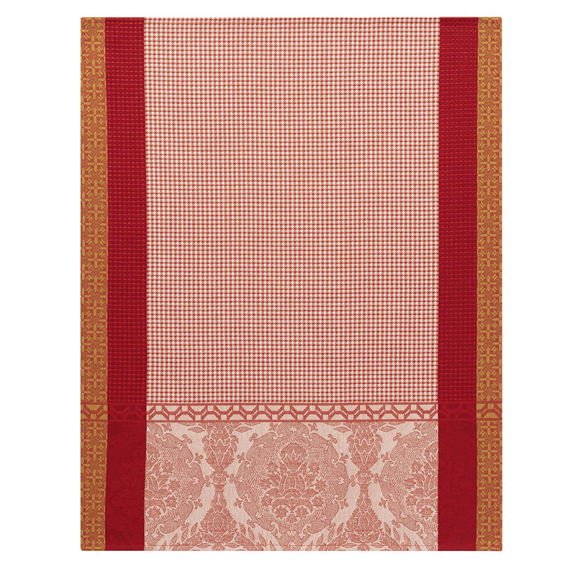 Le Jacquard Français | Festin Hand Towel featuring red-and-white checks, red bands, and ornate damask motifs, crafted from premium combed cotton for a luxurious touch.