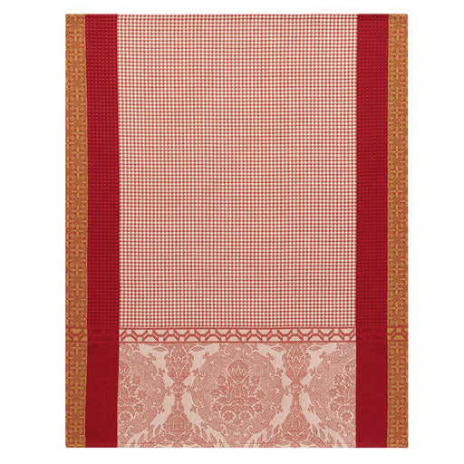 Le Jacquard Français | Festin Hand Towel featuring red-and-white checks, red bands, and ornate damask motifs, crafted from premium combed cotton for a luxurious touch.