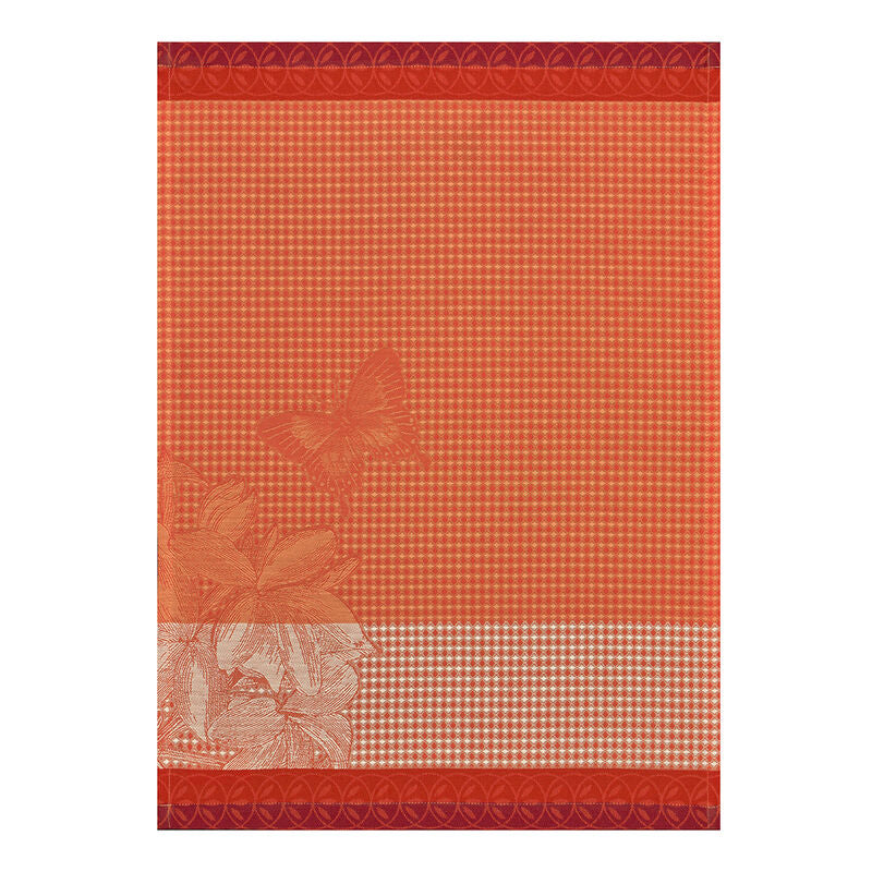 Le Jacquard Français | Jardin Des Papillons Hand Towel: Checkered fabric with delicate lilies and butterfly motifs, finished with decorative borders, embodies luxury and nature.