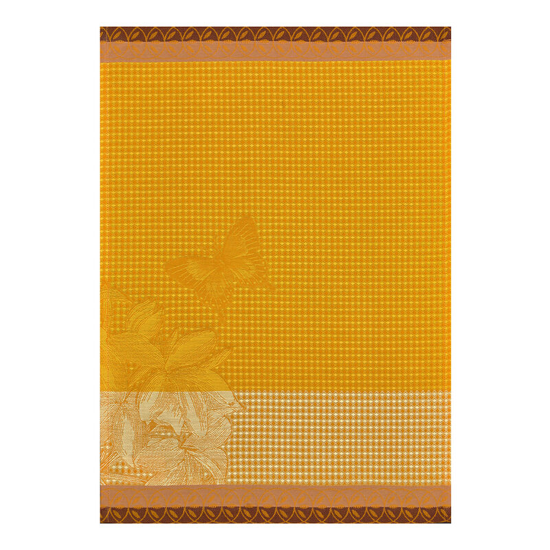 Le Jacquard Français | Jardin Des Papillons Hand Towel features a golden houndstooth pattern with floral and butterfly motifs, framed by brown-gold arcs.