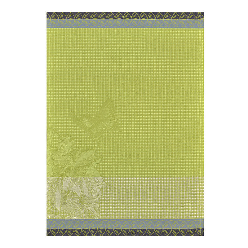 Le Jacquard Français | Jardin Des Papillons Hand Towel featuring a soft green grid pattern, floral illustrations, and slate blue borders with interlocking ovals.