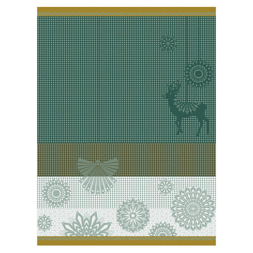 Le Jacquard Français | Lumier D'Etoiles Hand Towel featuring a teal-green houndstooth pattern with mandala deer and snowflake motifs, ideal for elegant kitchen decor.