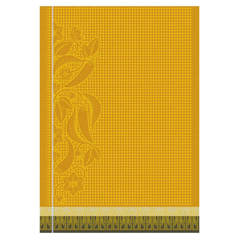 Le Jacquard Français | Piments Hand Towel: A golden-yellow towel with botanical and Art Deco motifs, perfect for adding elegance to your kitchen.