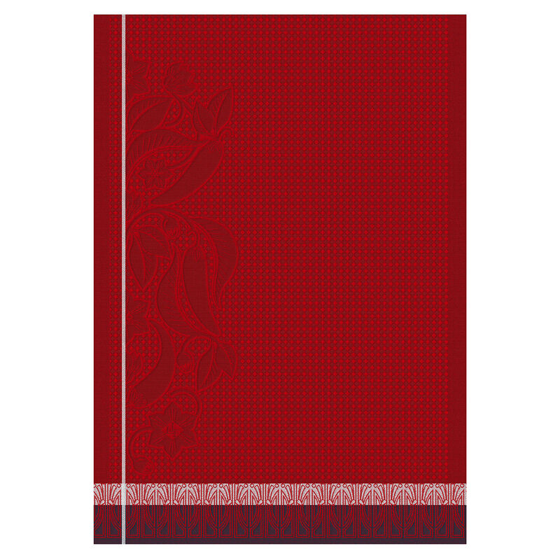 Le Jacquard Français | Piments Hand Towel: A red tea towel featuring botanical and Art Deco patterns, designed for lovers of spicy cuisine, made from durable honeycomb fabric.
