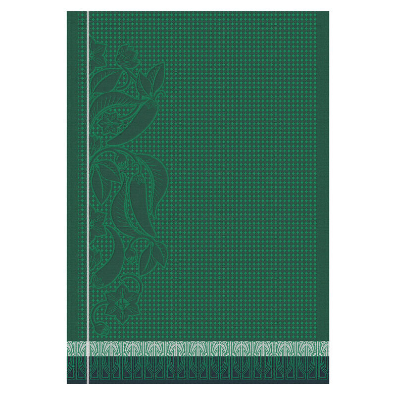 Le Jacquard Français | Piments Hand Towel featuring a teal-green botanical pattern with decorative borders, perfect for enhancing kitchens with a touch of Art Nouveau elegance.