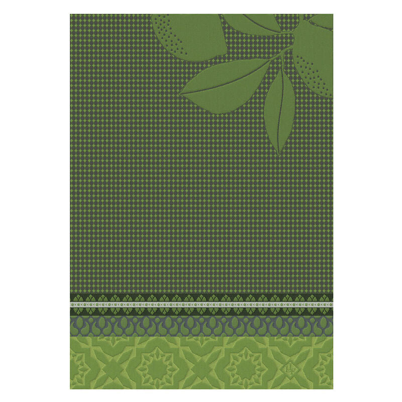 Le Jacquard Français | Sous Citronniers Hand Towel features intricate green patterns and motifs, evoking Mediterranean charm, perfect for elegant kitchen decor.