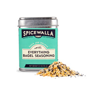 Spicewalla | Everything Bagel Seasoning tin with a pile of seasoning blend in front, featuring sesame seeds, garlic, onion, poppy seeds, and salt. Perfect for enhancing dishes.