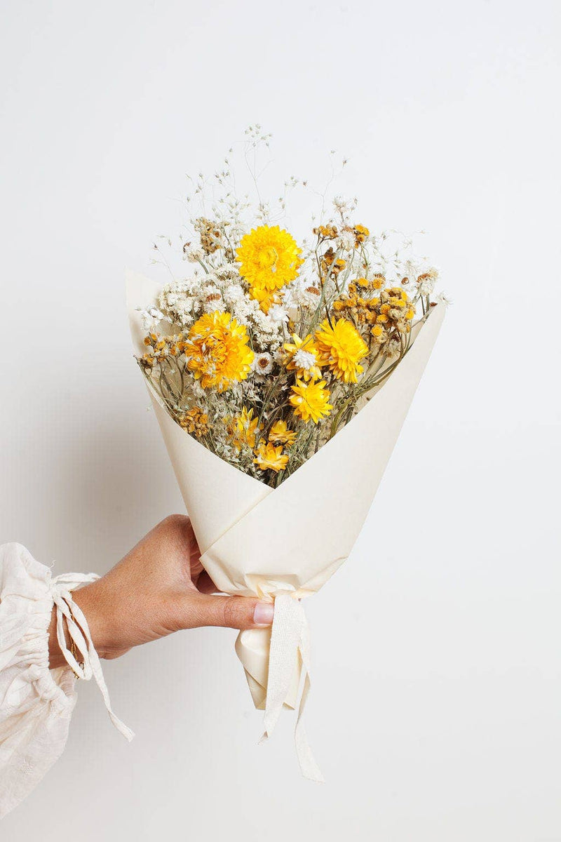 Idlewild Floral Co. - Sunshine Small Field Bouquet, a hand-tied dried flower arrangement in cream paper, perfect for seasonal decor or gifting.