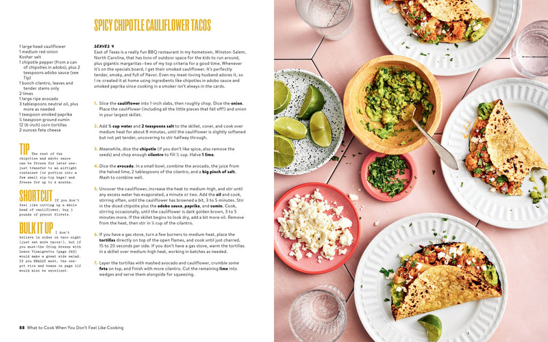 Hachette Book Group's What to Cook When You Don't Feel Like Cooking cookbook spread featuring Spicy Chipotle Cauliflower Tacos recipe and styled food presentation.