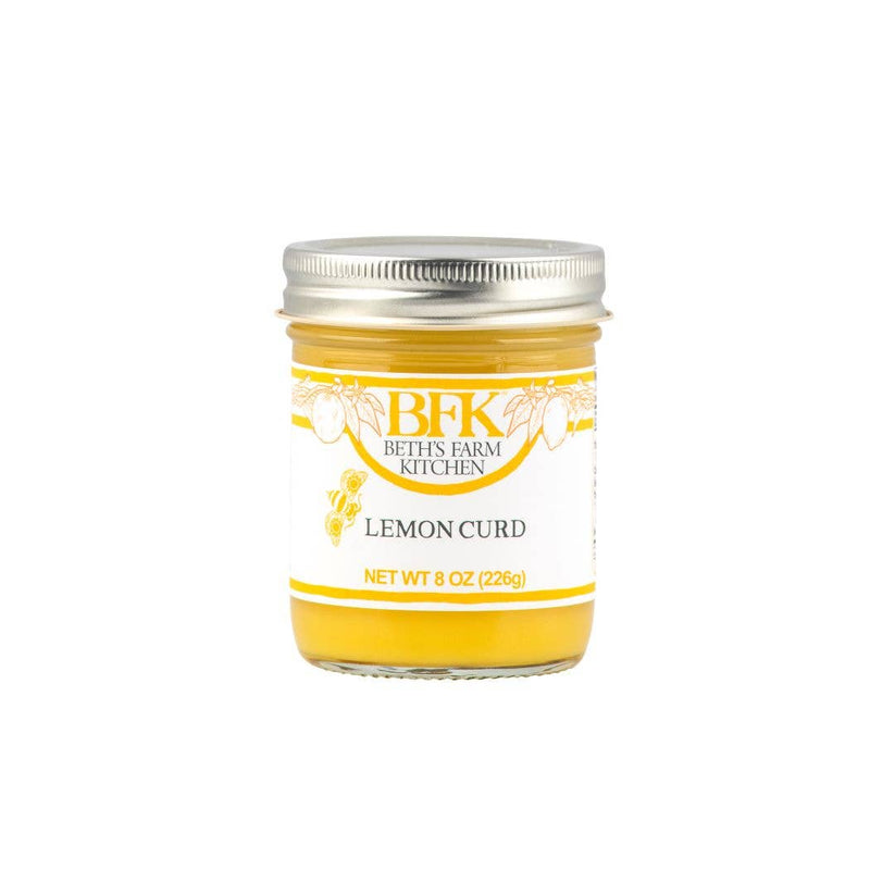 Beth's Farm Kitchen Lemon Curd in an 8 oz mason jar, showcasing a creamy citrus spread ideal for pairing with breakfast items or desserts.