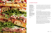 Wishbone Kitchen Cookbook spread featuring Ultimate Italian recipe with a focaccia sandwich and detailed recipe instructions by Meredith Hayden.