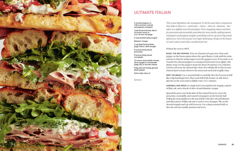 Wishbone Kitchen Cookbook spread featuring Ultimate Italian recipe with a focaccia sandwich and detailed recipe instructions by Meredith Hayden.
