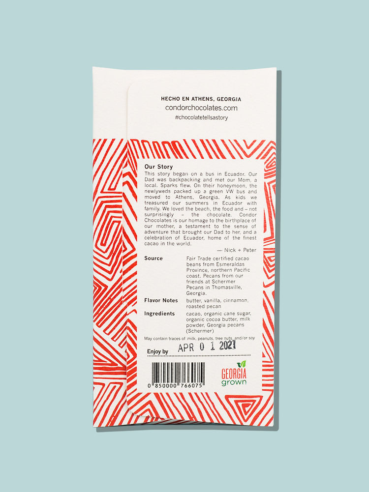 Condor 48% Milk Chocolate Bars with Pecans, showcasing premium Ecuadorian cacao, offering a rich, nutty flavor experience. Perfect for chocolate enthusiasts seeking quality and taste.