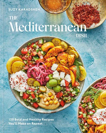 The Mediterranean Dish cookbook cover featuring a vibrant Mediterranean meal bowl with ingredients like hummus, grilled chicken, and feta, highlighting 120 healthy recipes by Suzy Karadsheh.