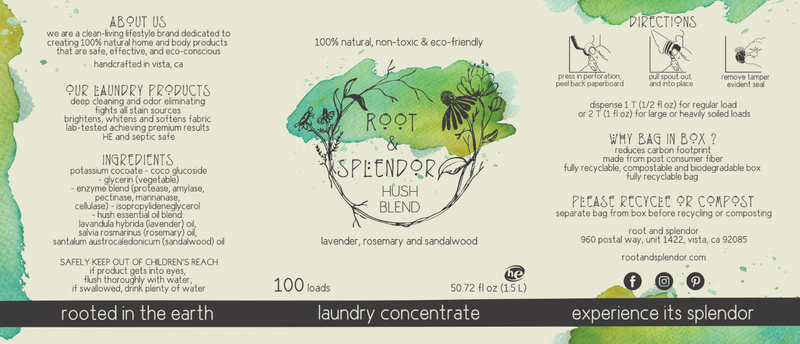 Root & Splendor | Laundry Soap Concentrate - Hush - 1.5L (100 Loads) featuring eco-friendly packaging and a logo, emphasizing its natural, non-toxic formula.