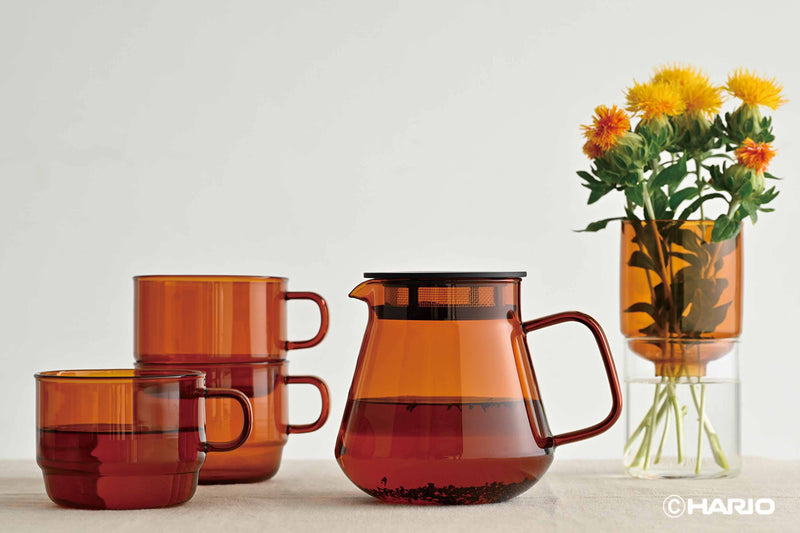 HARIO USA - HARIO Colors Glass Coffee and Tea Server, 600ml: Amber, with stackable cups and vase, showcasing heatproof glass versatility for stylish brewing.